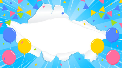 穴の空いた紙の背景フレーム、風船、紙吹雪、ガーランド、集中線のデコレーション、サンバースト、16:9