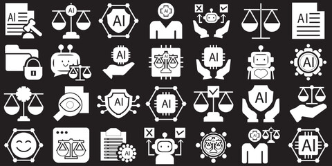 AI ethics icon . Containing data privacy, guidelines, artificial intelligence, fairness, explainable AI, transparency etc. vector illustration. EPS 10/AI