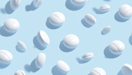 White round pills scattered on a pastel blue surface, creating a regular pattern of uniform medicine. Sharp shadows imply bright overhead light. Crisp and clean aesthetic