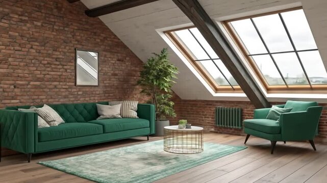 Cozy modern loft living room with plush green sofa, exposed brick, and natural light from skylights creates inviting atmosphere.