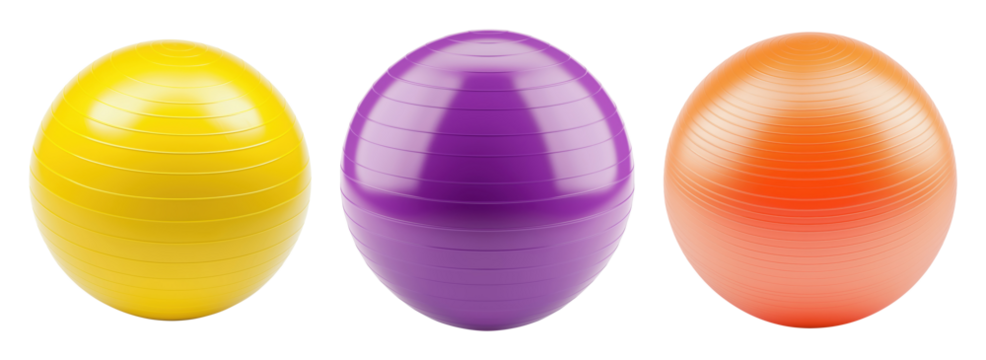 Three bright fitness balls isolated on transparent background