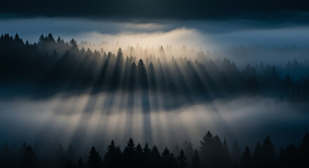 Ethereal Forest: Sunbeams Pierce Through Misty Evergreen Canopy at Dawn.