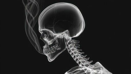 Eerie skeletal x-ray side view of human skull and spine with wisps of smoke rising from the head against a dark background