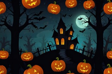Fototapeta premium Spooky halloween night with jack o lanterns and haunted house
