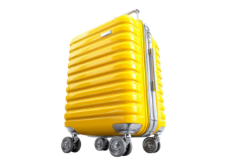 Bright yellow suitcase rolling luggage travel bag vacation trip, Isolated On White Background, Png Transparent