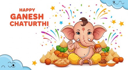 Obraz premium Cute Baby Ganesha with Modaks – Happy Ganesh Chaturthi Cartoon Wallpaper for Kids