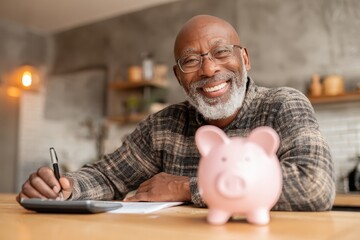 Smiling Black man calculates finances with a pink piggy bank on the table. Visualize retirement planning or financial security for future generations.