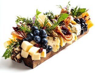 Appetizing cheese board featuring cubes, slices, fruit, and herbs arranged on a wooden tray against a white background, perfect for social gatherings