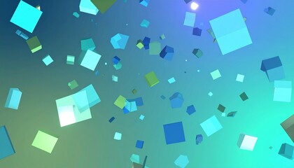 Abstract digital concept with floating translucent squares and cubes on a vibrant blue and green gradient background.