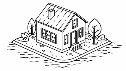 Naklejka premium Isometric House Illustration on Island Plot with Trees and Water in Black and White Line Art Style