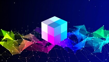 Futuristic digital technology concept with a vibrant multi-colored cube floating over a colorful plexus network. Abstract 3D illustration.