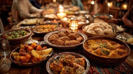 Obraz premium Festive feast features various dishes, breads, and lighted candles. Use for holiday cards, religious celebrations, or cultural events.