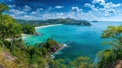 The stunning coastline features vibrant blue waters surrounded by rocky cliffs and tropical vegetation. A serene sandy beach stretches into the distance under a clear sky.