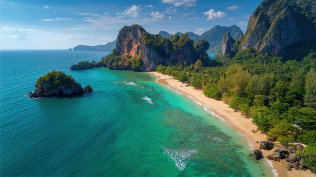 A breathtaking view of a tropical beach featuring clear turquoise waters, sandy shores, and impressive cliffs. Lush greenery complements the vibrant seascape under a bright sky.
