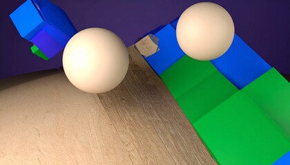 Abstract 3D rendering of spheres in motion on a staircase of green and blue blocks, representing progress and physics.
