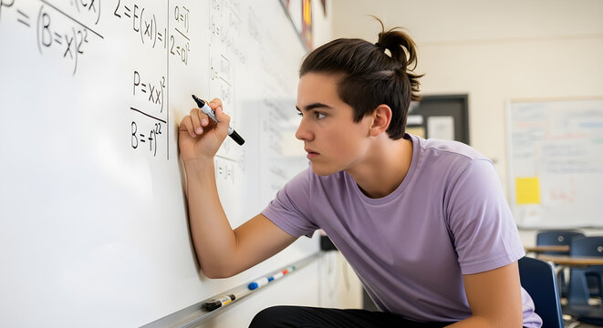 A focused male student writing complex math equations on a whiteboard in a classroom.