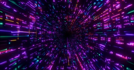 Futuristic glowing neon rotate waving rays background. Shining geometric multicolor wireframe inside corridor in perspective. Bright retro digital cyberspace. 3D rendering.