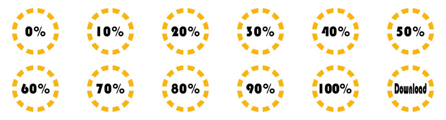 Loading progress bar. Percentage circle set. Loading indicator set. 5 10 15 20 25 30 35 40 45 50 55 60 65 70 75 80 85 90 95 percent. Ready-to-use for web design, user interface UI or infographic.