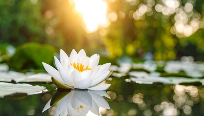 White water lily floats on calm water, sunlight reflecting