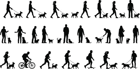 Silhouettes of people walking, running, playing with dogs, family and pet activities, outdoor exercise, black vector illustration design elements