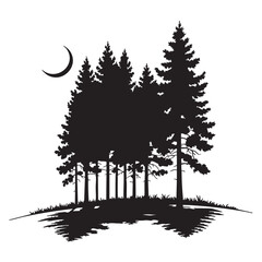 Fototapeta premium Black and white silhouette of pine trees and crescent moon on white background forest nature
