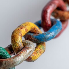 Close-up of rusty chain links, painted in vibrant colors