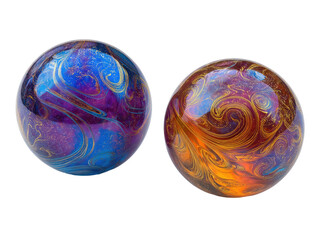 Two abstract spheres, vibrant swirling patterns.  Colorful marbled globes