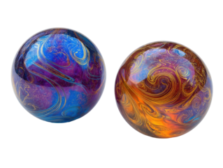 Two abstract spheres, vibrant swirling patterns.  Colorful marbled globes