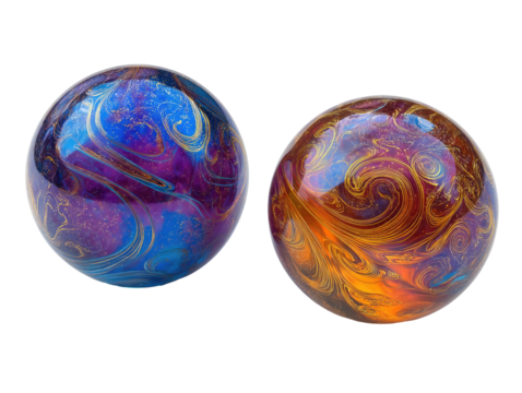 Two abstract spheres, vibrant swirling patterns.  Colorful marbled globes