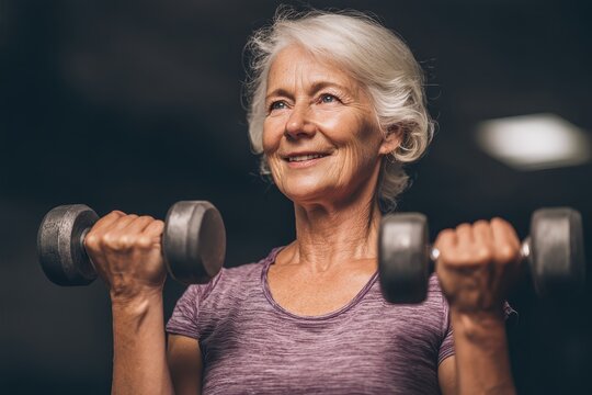 Smiling senior woman lifting dumbbells in a gym with dark background. Illustrates active aging and healthy lifestyle for older adults concept.