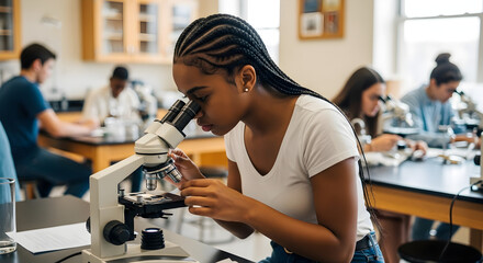 Focused student using a microscope in a high school science classroom, surrounded by classmates.
