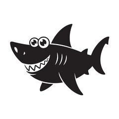 Black silhouette illustration of a happy cartoon shark with big eyes and sharp teeth animal