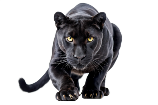 Powerful black panther with striking yellow eyes crouches low on a dark background ready to pounce