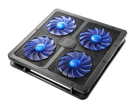 Black laptop cooling pad with four blue led fans, isolated on transparent background
