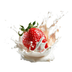 Strawberry is floating in a splash of milk