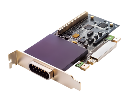 A computer circuit board with a gold connector isolated on a transparent background - Powered by Adobe