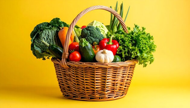 Wicker basket overflowing with fresh, colorful vegetables against a vibrant yellow backdrop