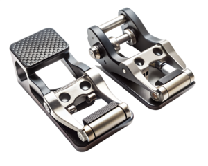 Two metal clamps with intricate mechanisms, isolated on a transparent background