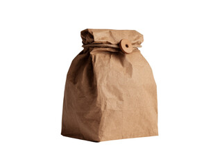 Rustic brown paper bag tied with twine and wooden button, Isolated On White Background, Png Transparent