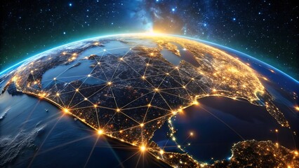 Global Communication Network Over North America with City Lights and Space Background