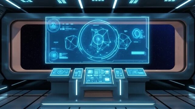 Navigating Starfield: Spaceship Interior With Futuristic Control Panel Displaying Data, Glowing Blue
