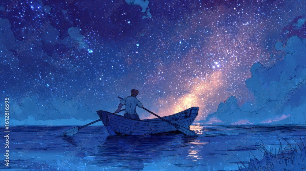 Wall mural a lone man rows gently in a small boat, surrounded by calm waters reflecting a mesmerizing night sky
