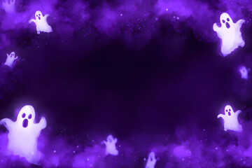 Cute and spooky Halloween backdrop with soft fog and floating ghosts.