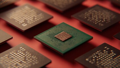 A high-angle view of an array of dark integrated circuits, one vibrant green at the forefront with detailed pin arrangements and copper accents, set against a warm, flat red background