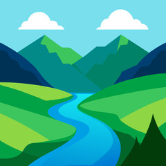 Fototapeta premium Serene mountain landscape with winding river and clouds