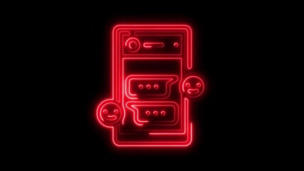 Glowing red neon smartphone with emoji emoticons representing digital communication - Powered by Adobe