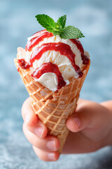 A hand holds a delicious vanilla ice cream cone topped with strawberry sauce and a fresh mint leaf, exuding a sense of joy and summertime bliss.
