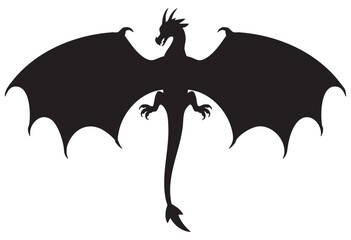 Black silhouette of a mythical dragon with spread wings on white background mythical creature