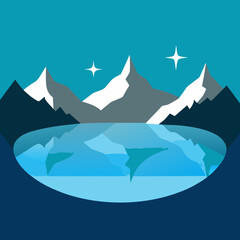 Stylized mountain landscape with reflecting lake and stars