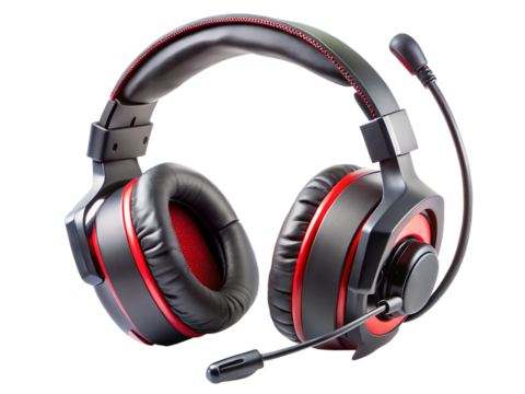 A black and red gaming headset with a microphone and comfortable earcups isolated on transparent background